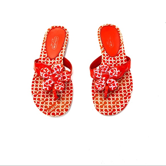 Coach Pattey Orange & Pink Logo Flip Flops w/ Flowers - Picture 5 of 12